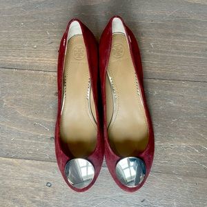 TORY BURCH suede medallion low height heel